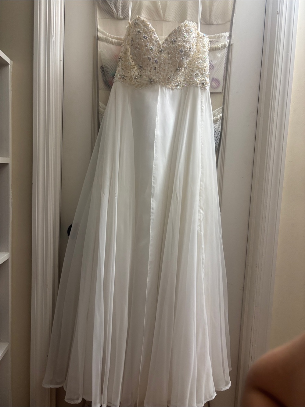 Riva Designs Strapless White Gown with Gold Beaded Bodice